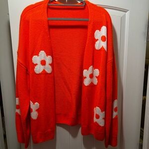 3X Floral Patterned Neon Orange Sweater